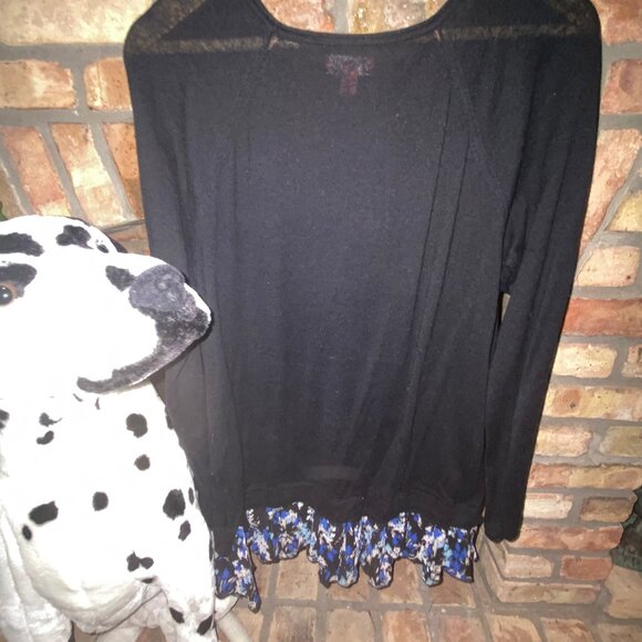 ELLE Long Sleeve Knit Sweater Top w/ Pretty Floral Ruffle Hem XL Black - Picture 2 of 8